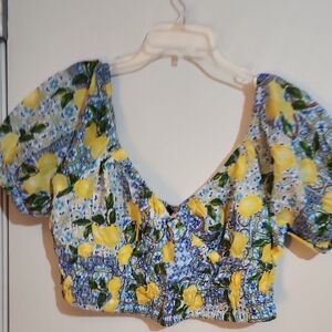 Primark Blue and Yellow Lemon Pattern Crop Top